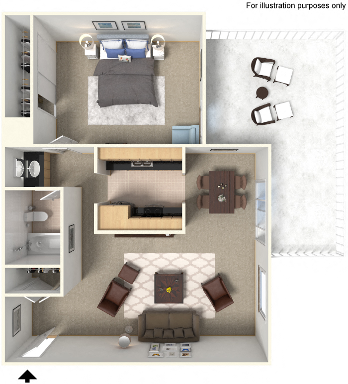 Floor plan for 1 bed, 1 bath, 750 sqft